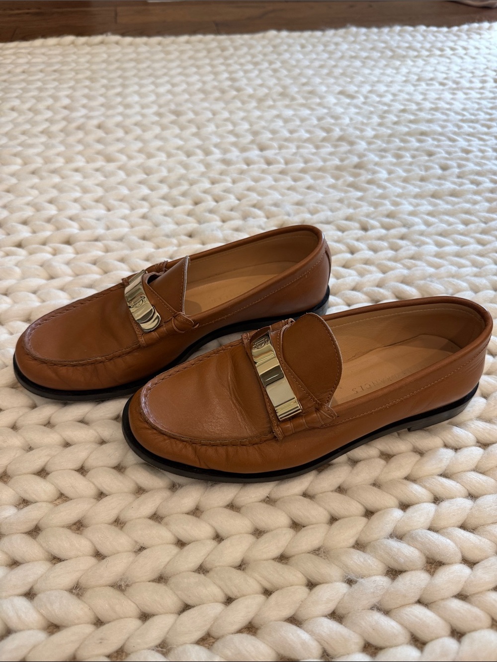 Dear Frances Cognac Leather Loafers with Gold Bar